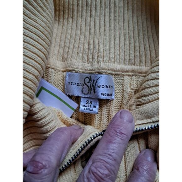 Studio Works Woman Long Sleeve Sweater Yellow Part Zip Neck Size 2X Textured - Picture 7 of 7
